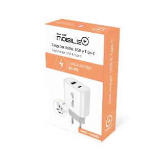 Cargador doble USB y Tipo C con carga rápida QC/PD