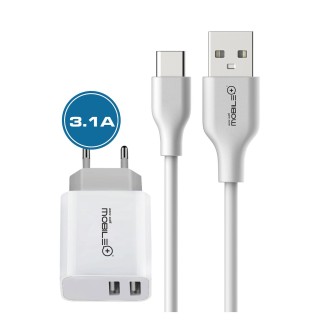 Cargador Doble con Cable USB-A a USB Tipo-C 3ACarga dos dispositivos