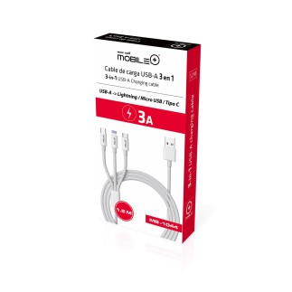 Cable de Carga 3 en 1 USB-A a Lightning, Micro USB y Tipo C