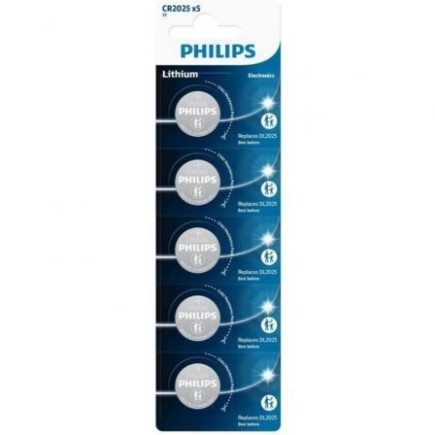 Pack de 5 Pilas Philips CR2025P5 01B Lithium 3V Precisión Larga Duración