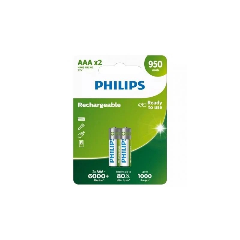 Pack 2 Pilas Recargables AAA Philips R03B2A95 10 NiMH 1.2V 950mAh