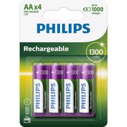 Lot de 4 piles rechargeables Philips R6B4A130 AA 10 NiMH 1,2 V 1 300 mAh