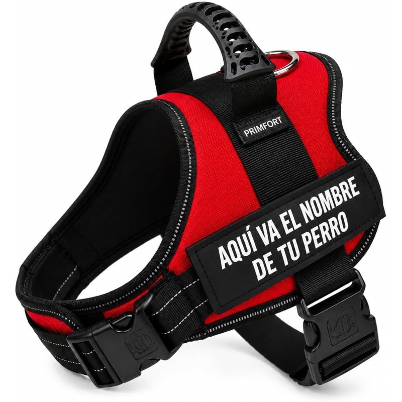 Harnais tactique ajustable PRIMFORT pour petits chiens, rouge, taille S (3–10 kg), avec le nom de votre chien.